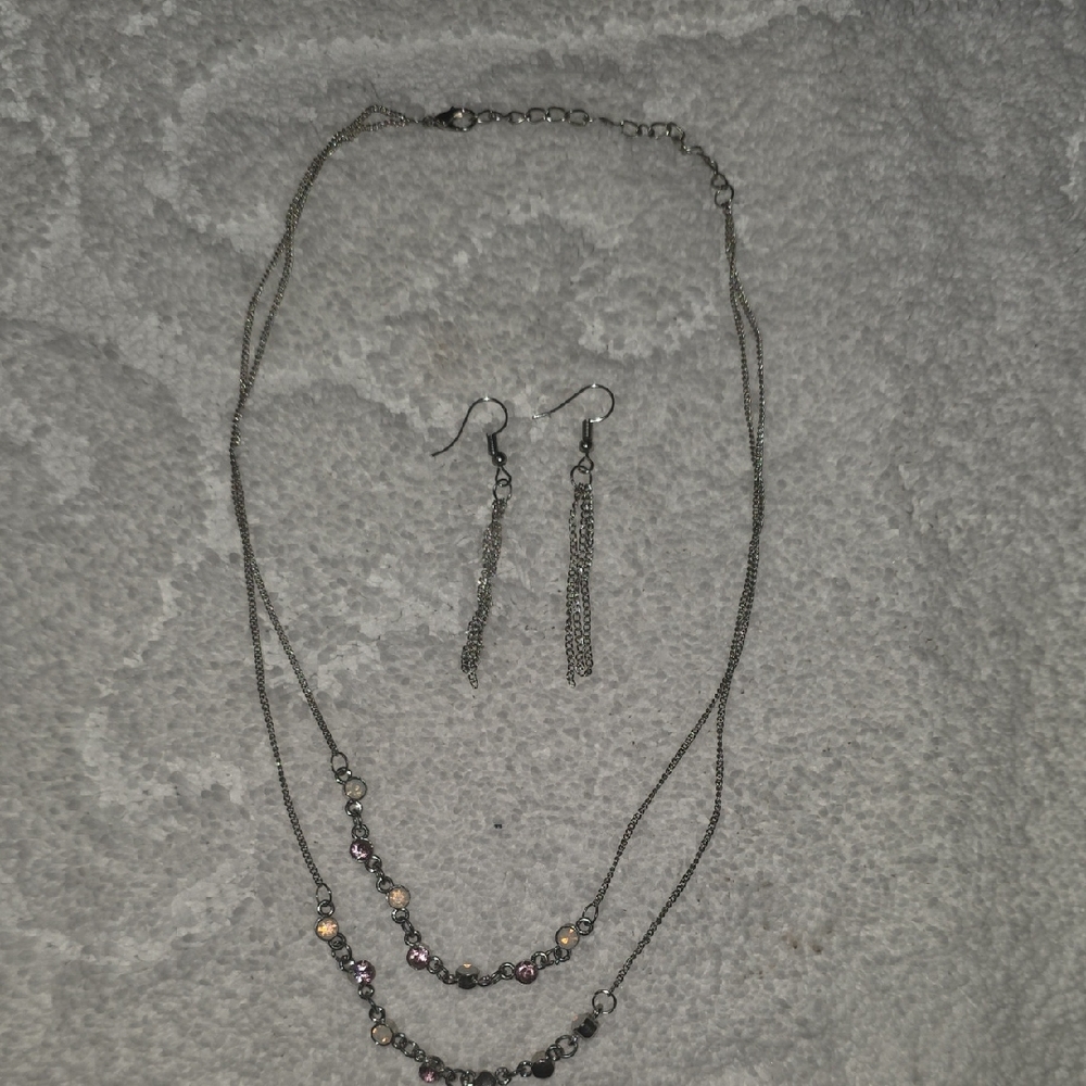 Elegant Silver and Pink Necklace and Earring Set